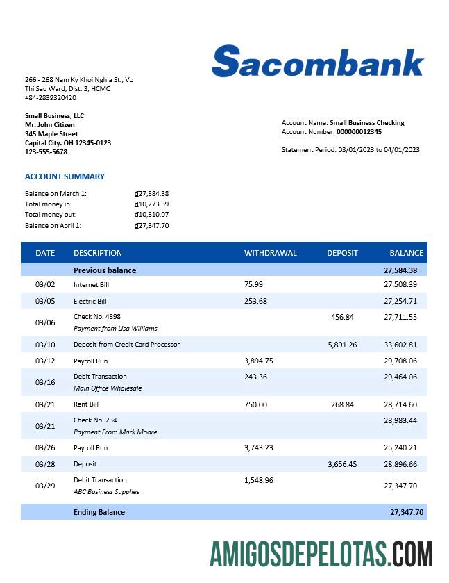 Baixável Sacombank Organization Checking modelo de extrato de conta Word e PDF